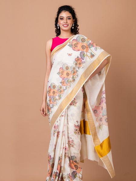 Bewitching begonia | Elegant White Kasavu Cotton Saree with Golden Zari