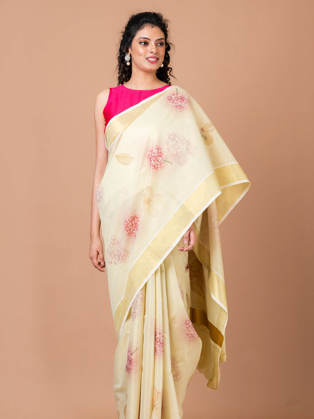 Kerela mirage Yellow Ethnic Kasavu Tissue Saree for Festive Wear