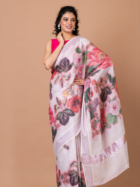 Misty petals Elegant White Kasavu Saree with Golden Zari Work