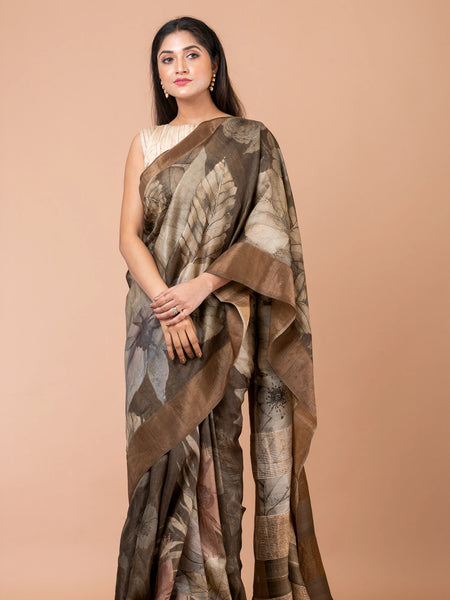 Shadows & Meadows Elegant Wood Tussar Silk Saree – Earthy & Timeless Ethnic Drape for Sophisticated Occasion Wear