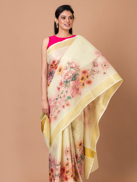 Enigmatic ivy | Yellow Ethnic Kasavu Saree with Traditional Zari Border