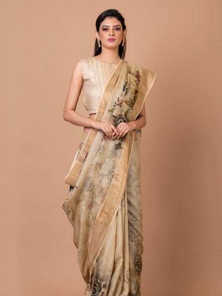 Floral Delight Classic Beige Tussar Silk Saree – Lightweight Handwoven Saree for Natural & Elegant Traditional Styling