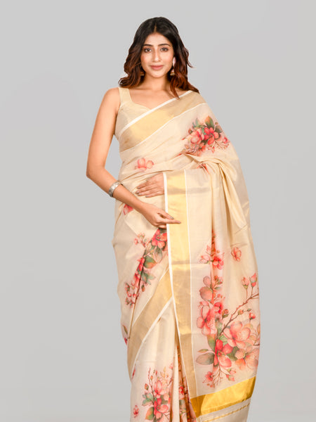 Ivory blossom 2 Traditional Off White Cotton Saree with Floral Print Kasavu Style