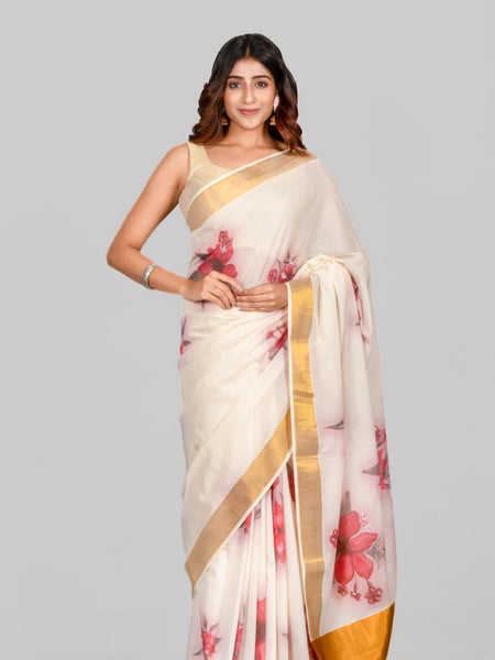Red hibiscus Off White Kasavu Cotton Saree with Floral Printed Pallu – Elegant Traditional Wear