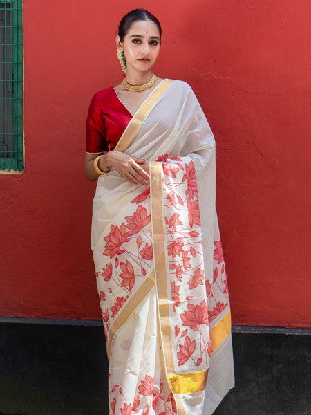 Padma rekha Traditional White Cotton Kasavu Saree with Floral Pattern & Zari Border