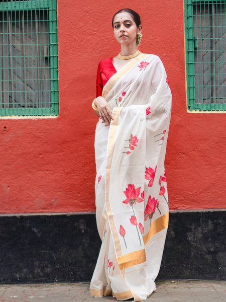Padma elegance | Traditional White Cotton Kasavu Saree with Floral Printed Pallu Design