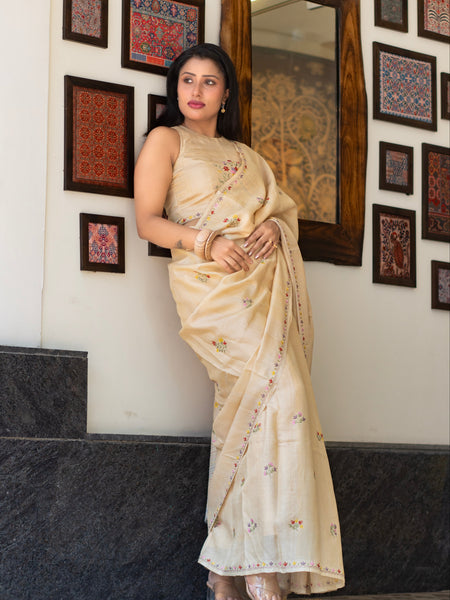 Onakka Designer Cream Tussar Saree – Timeless Minimal Festive Wear Saree