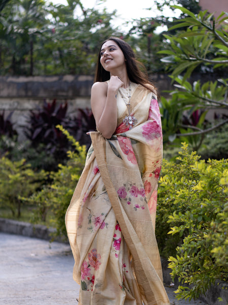 Golden glow grace Designer Beige Tussar Zari Silk Saree – Classic Festive Handloom Saree