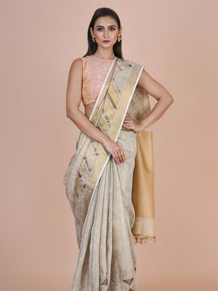 Bhoomi Beige Floral Linen Tissue Saree for Festive & Occasion Wear