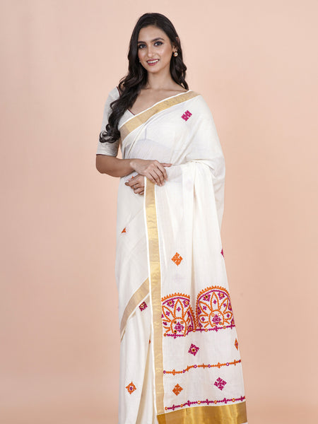 Savitri Traditional White Kasavu Saree with Gujarati Handwork & Sindhi Kadhai
