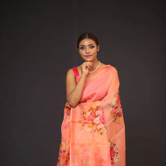 Organza Saree - Peach Coloured