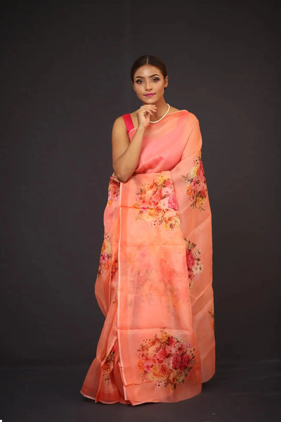 Organza Saree - Peach Coloured