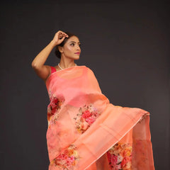 Organza Saree - Peach Coloured