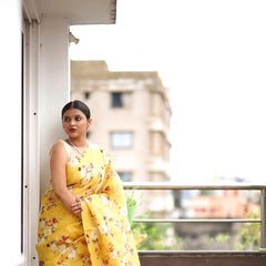 Organza Saree - Bright Yellow Floral Print