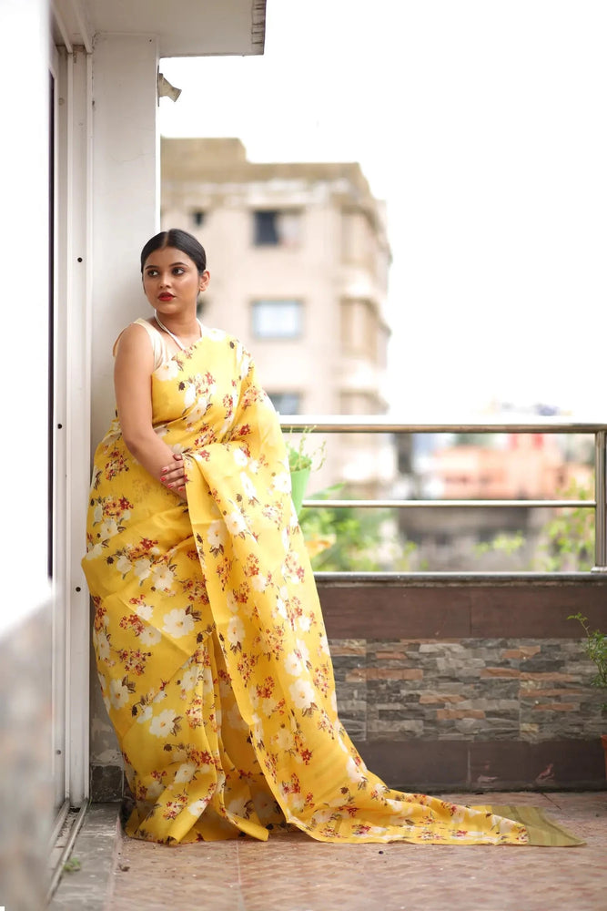 Organza Saree - Bright Yellow Floral Print