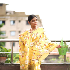 Organza Saree - Bright Yellow Floral Print