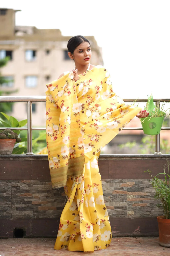 Organza Saree - Bright Yellow Floral Print