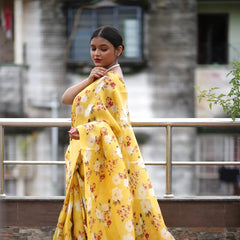 Organza Saree - Bright Yellow Floral Print