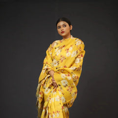 Organza Saree - Bright Yellow Floral Print