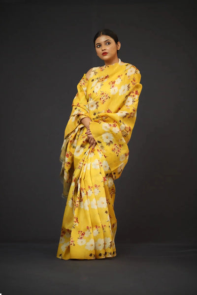 Organza Saree - Bright Yellow Floral Print
