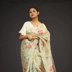Organza Saree - Pesta Green Floral Print