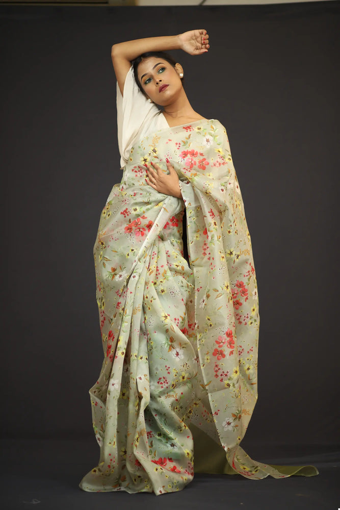 Organza Saree - Pesta Green Floral Print