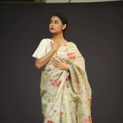 Organza Saree - Pesta Green Floral Print