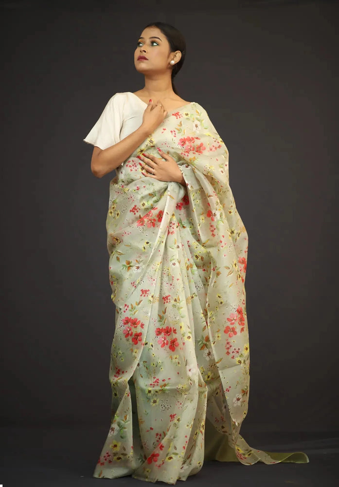 Organza Saree - Pesta Green Floral Print