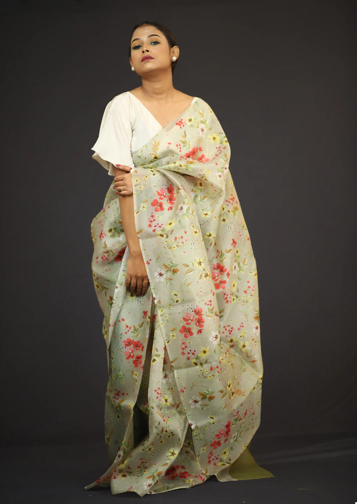 Organza Saree - Pesta Green Floral Print